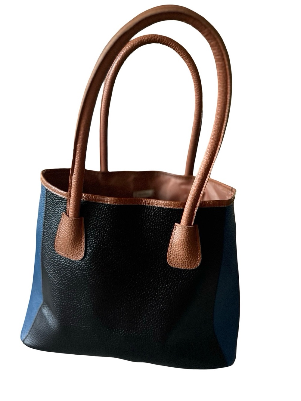 Vintage Neiman Marcus Colorblock Tote Bag Blue Black Tan Pebbled Vegan